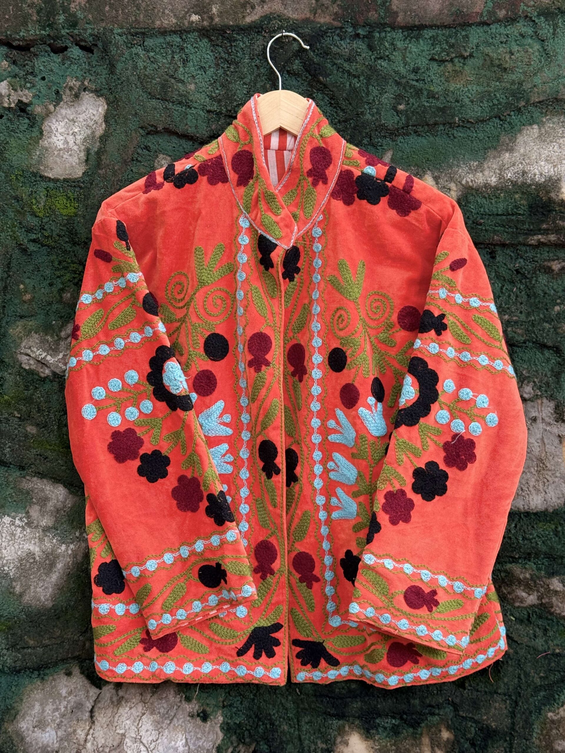 Womens Orange Velvet Embroidered Jacket with Floral Design - Image 3
