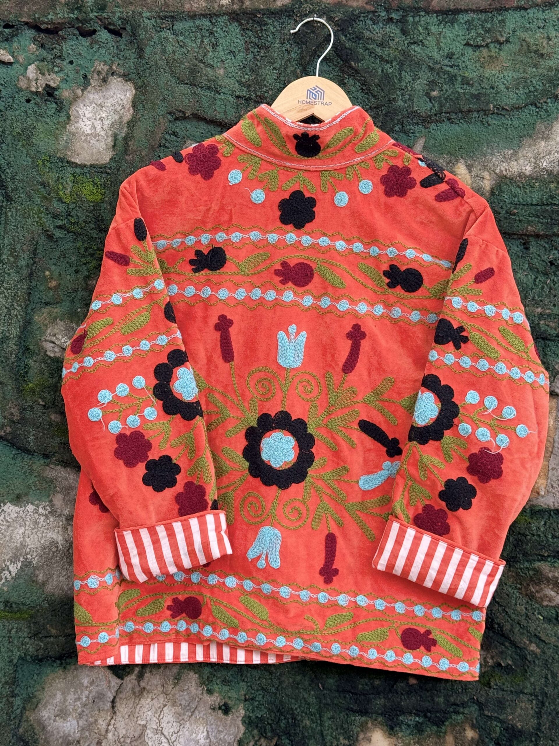 Womens Orange Velvet Embroidered Jacket with Floral Design - Image 5