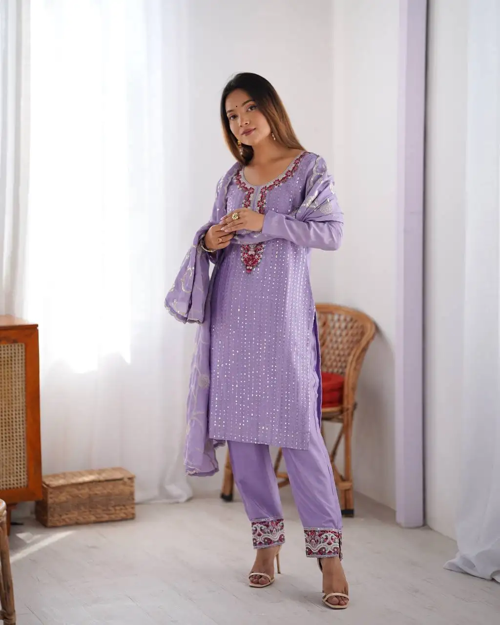 Women's Chinon Silk Sequence And Thread Work Straight Kurti With Pant and Dupatta Set - Image 4