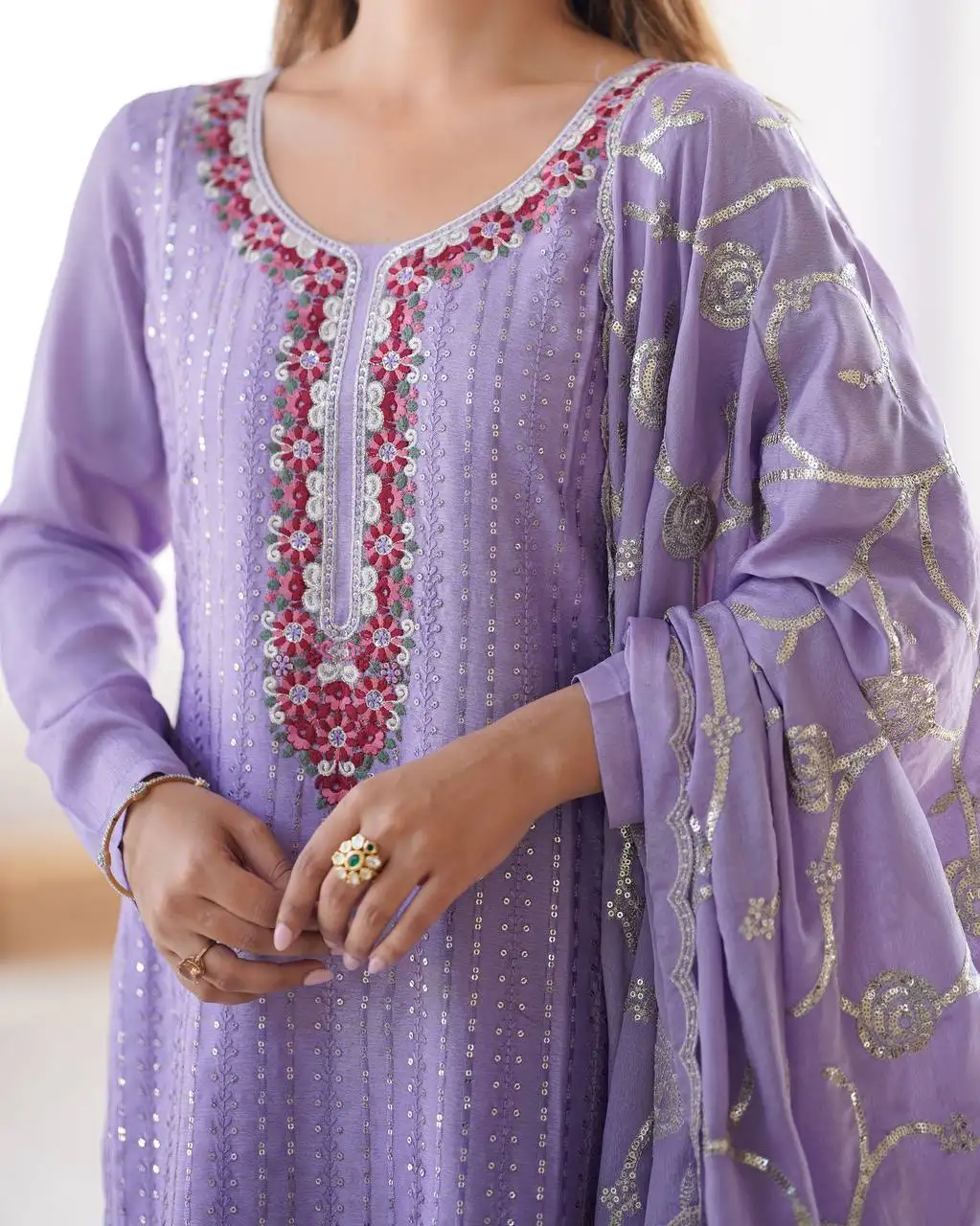 Women's Chinon Silk Sequence And Thread Work Straight Kurti With Pant and Dupatta Set - Image 2