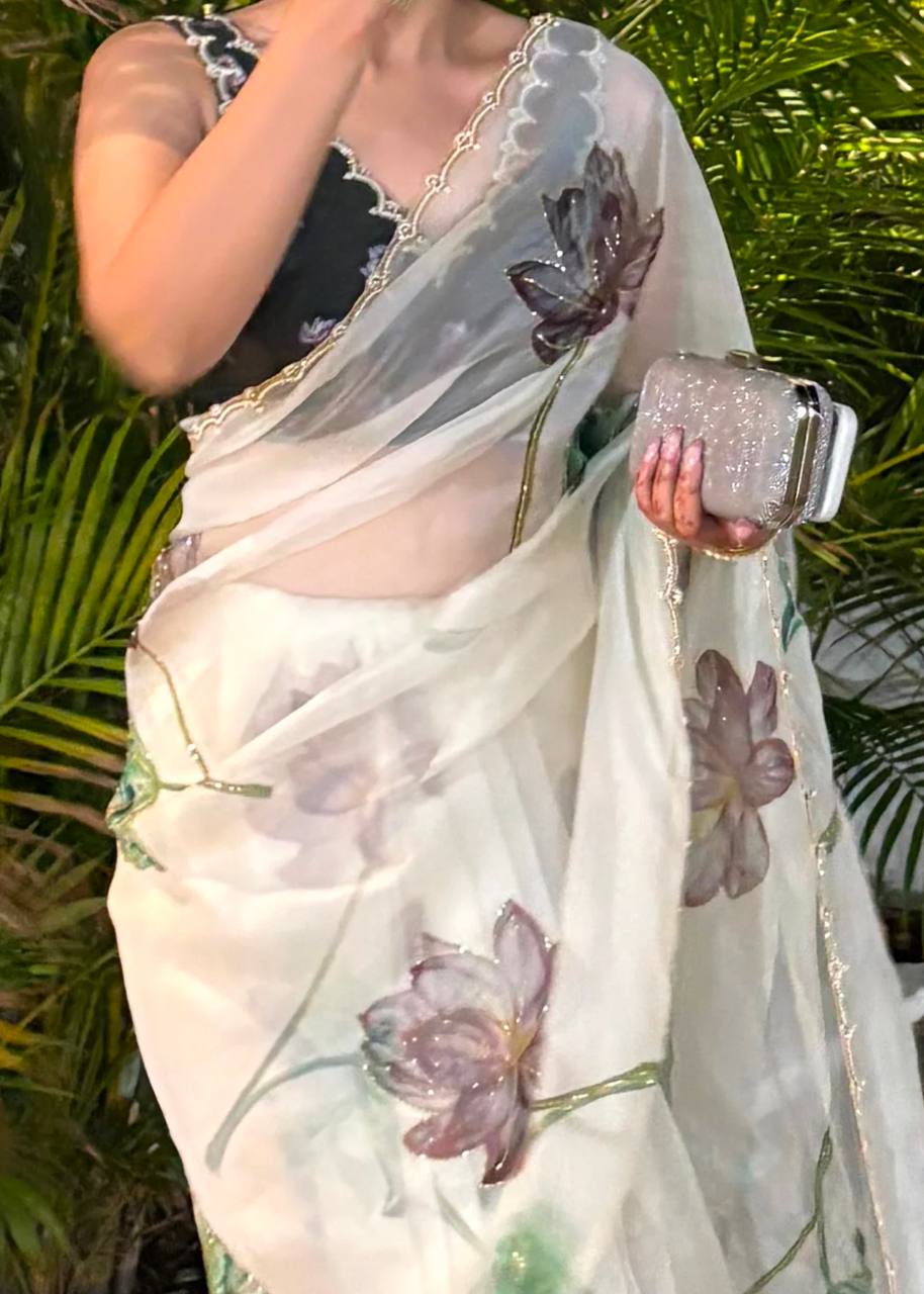Women's Exquisite Lavender & White Organza Saree with Hand-Painted Lotus Floral Motifs & Gold Embellished Border β Complete with Matching Printed Blouse for Festive & Special Occasions - Image 10